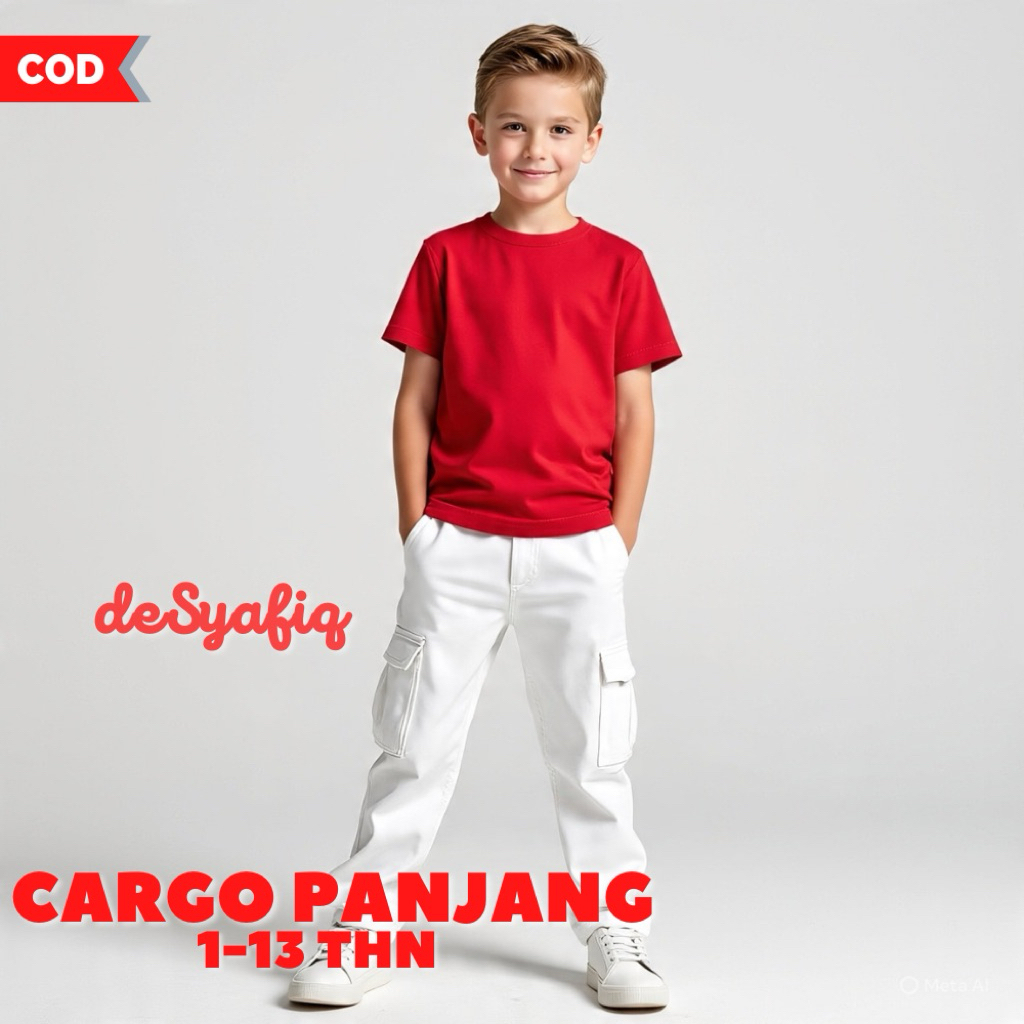 Celana Cargo Panjang merah putih  & kaos polos trendy Anak Laki - Laki 1-13tahun