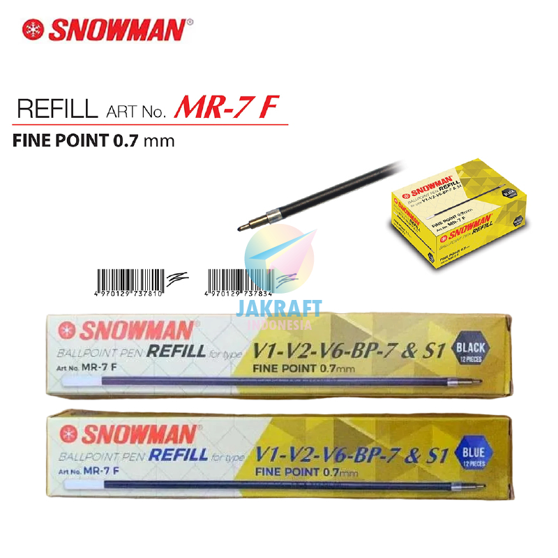 

(12 Pcs) Refill Pulpen Bolpen SNOWMAN MR-7 Untuk Pen V-1 / V-2 / V-6 / BP-7 & S-1 Hitam Black | Biru Blue Tebal 0.7 mm Isi Segala Retractable Ballpoint