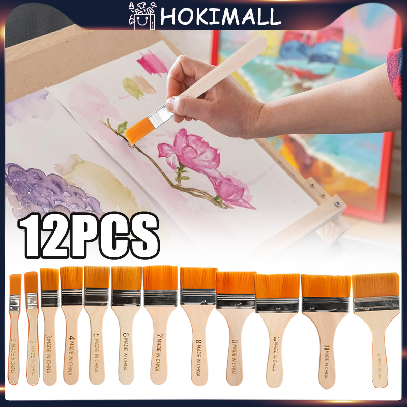 

12Buah Kuas Lukis Lebar Gagang Kayu Kuas Lukis Bali Artist Kuas Cat Tebal Halus Nylon Flat Painting Brush