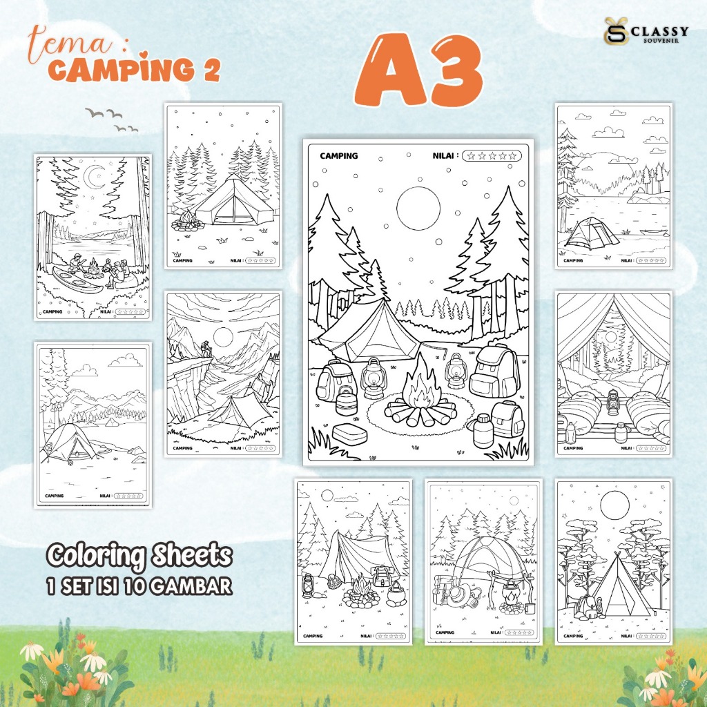 

LEMBAR GAMBAR MEWARNAI ANIMASI ANAK 1 SET ISI 10 GAMBAR - [TEMA CAMPING 2] - COLORING SHEETS FOR KIDS A3
