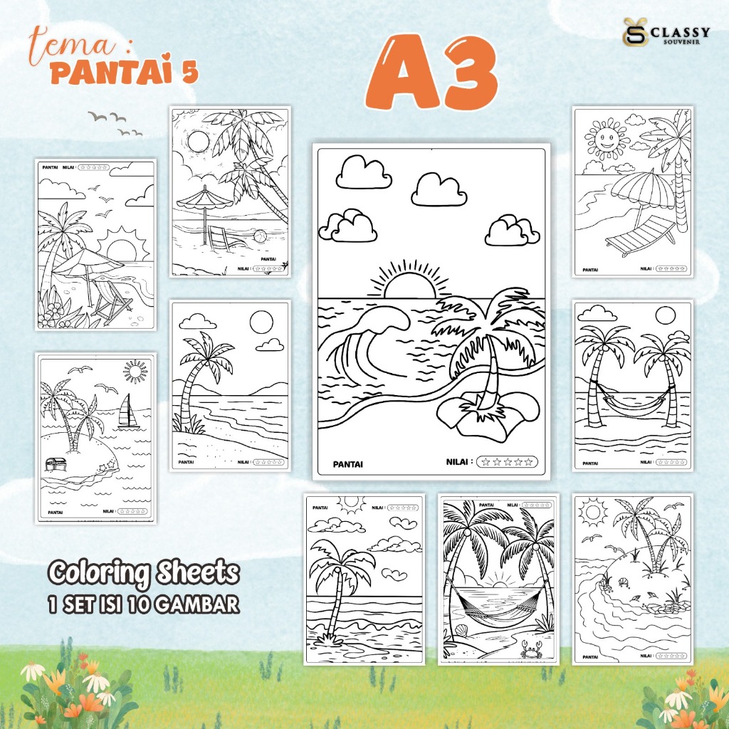 

LEMBAR GAMBAR MEWARNAI ANIMASI ANAK 1 SET ISI 10 GAMBAR - [TEMA PANTAI 5] - COLORING SHEETS FOR KIDS A3