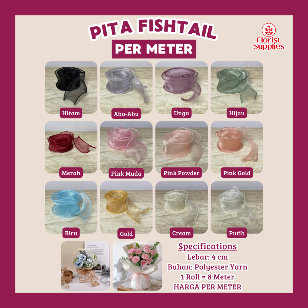 

[PER METER] - Pita Fishtail Organza Ribbon Keriting Wavy Curly Transparan Pita Kado Hiasan Buket