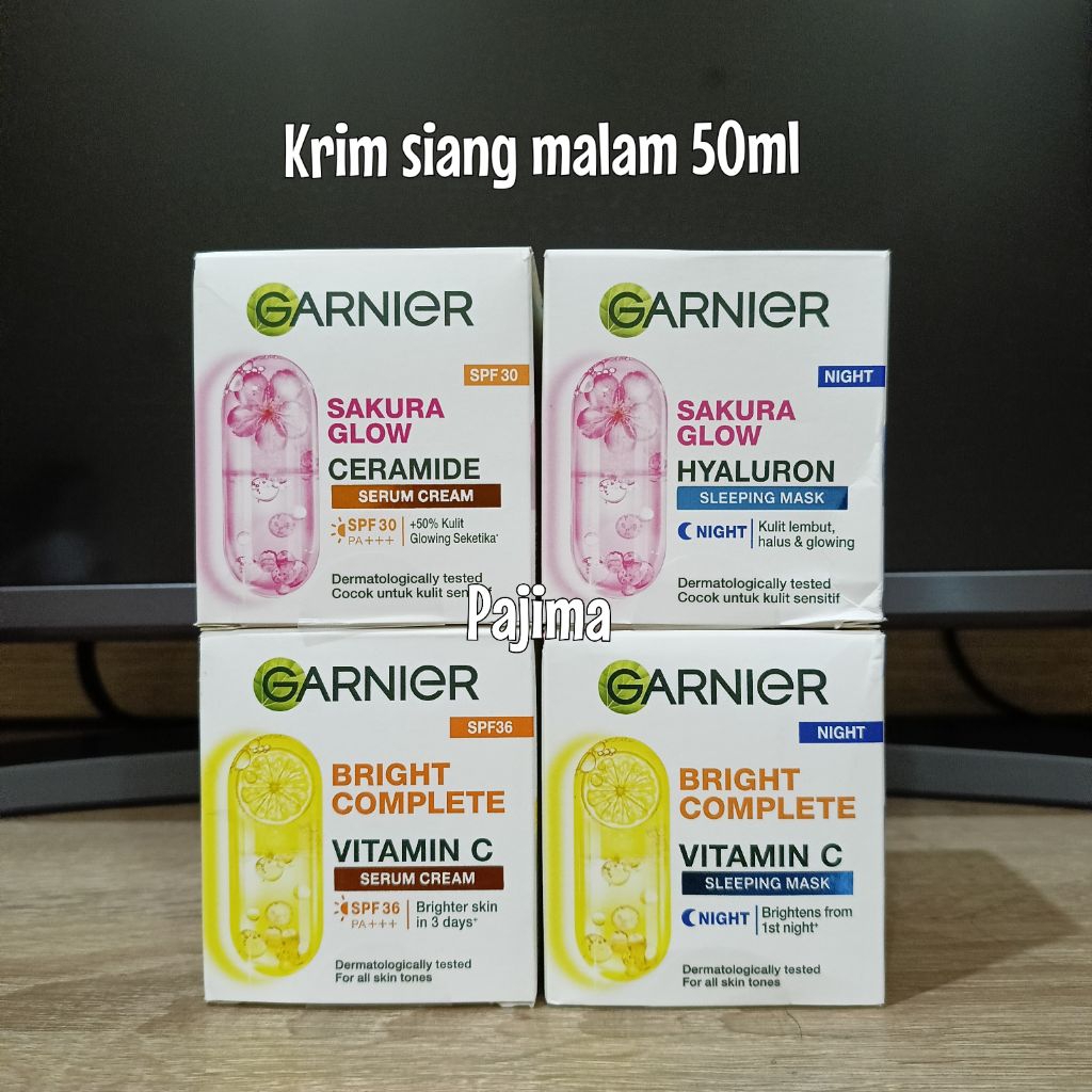 Garnier Bright Complete Vitamin C/Sakura Glow Ceramide Krim Siang Malam 50ml