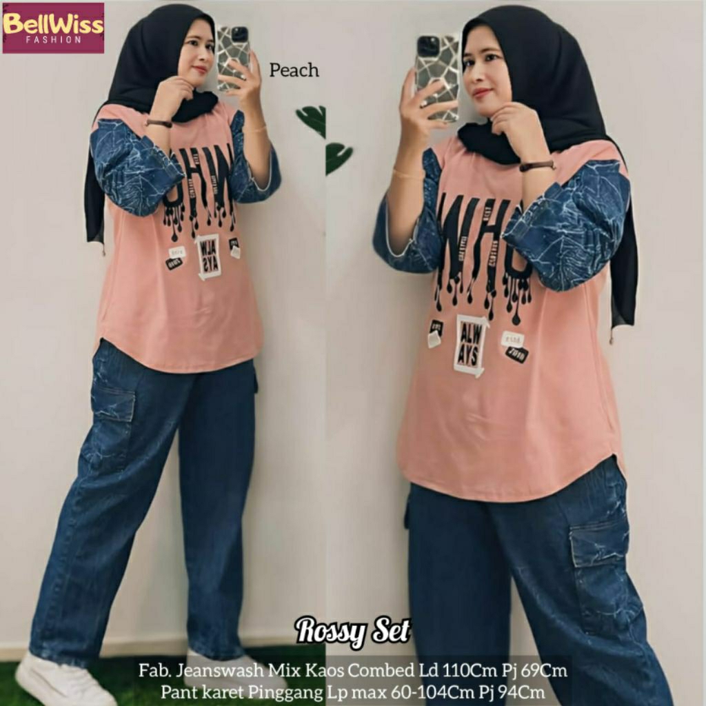 Rossy One Set jeans mix katun combed remaja perempuan