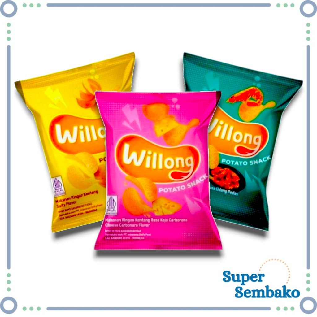 

SNACK MAKANAN RINGAN KENTANG WILLONG POTATO SNACK RASA ASIN SALTY KEJU CHEESE CARBONARA UDANG PEDAS ECERAN PER PCS 22g
