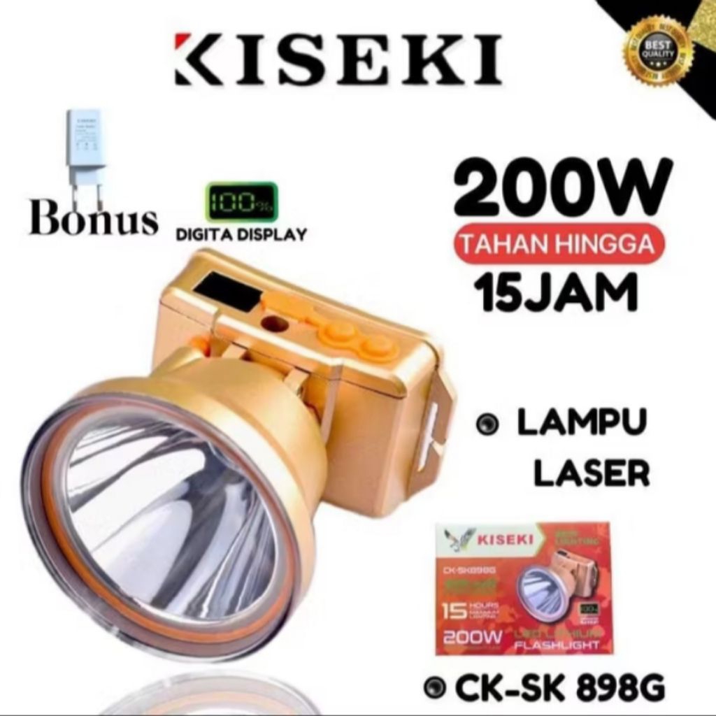 kiseki ck-sk898g senter kepala 200watt sorot jauh ukuran jumbo cahaya putih + lensa kuning batok cas