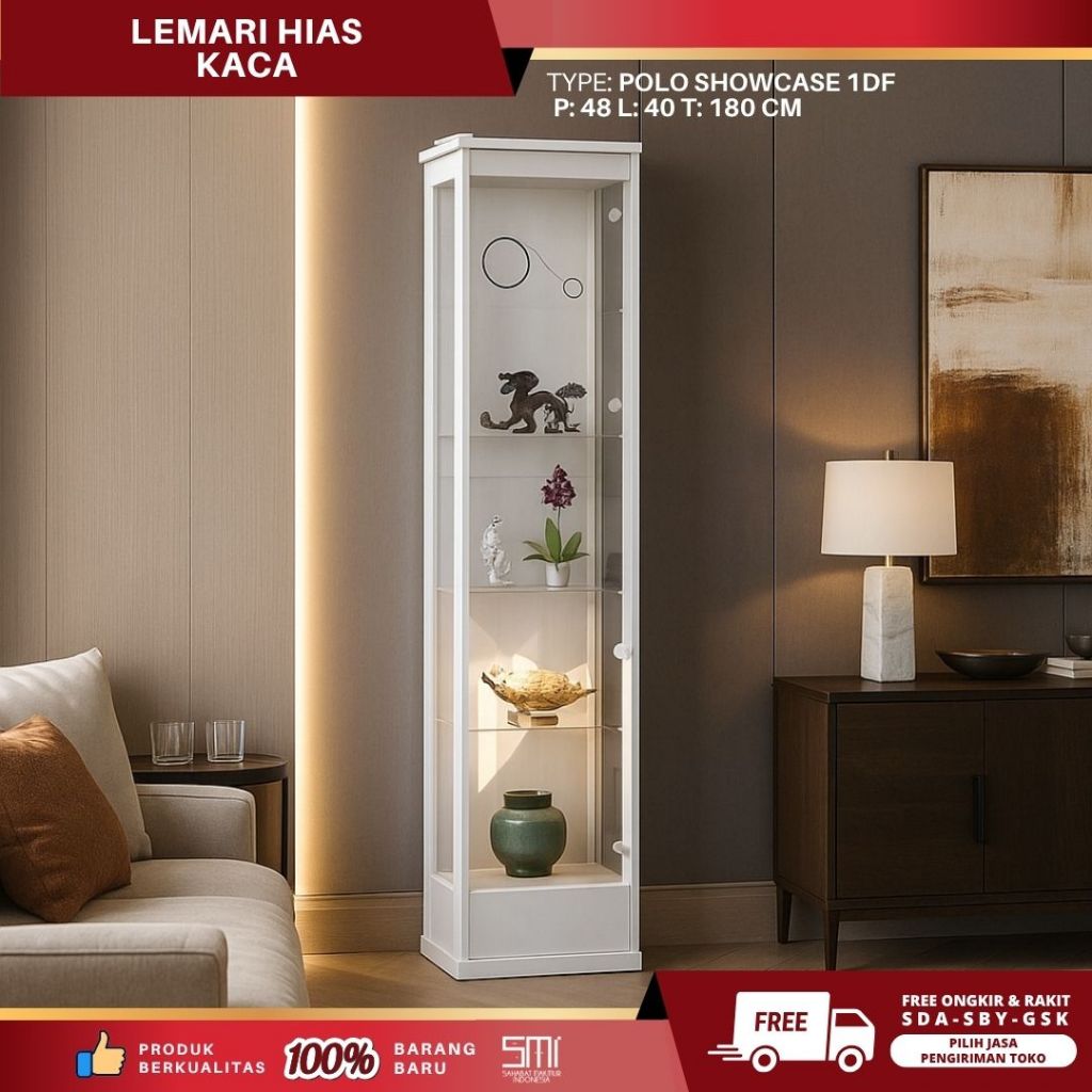 Polo Showcase 1DF / Lemari Hias/ Lemari Ruang Tamu/ Rak Kaca/ Lemari Minimalis Almari Tas Lemari Din
