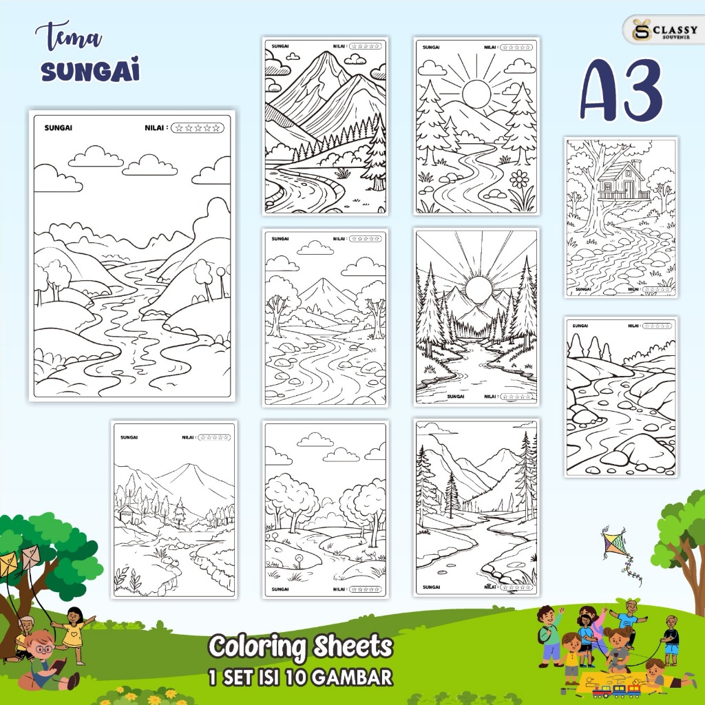

LEMBAR GAMBAR MEWARNAI A3 BAGIAN TEMA SUNGAI - KERTAS MEWARNAI ANAK - COLORING SHEETS FOR KIDS