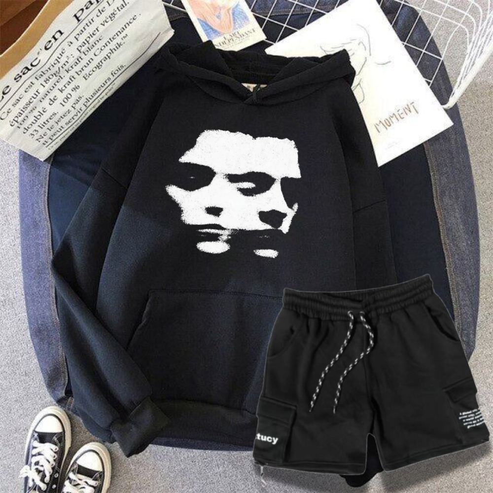 Oneset Hoodie Pria Wanita & Celana Cargo Pendek Style Korean Bahan Tebal Lembut Adem Fleece Distro B