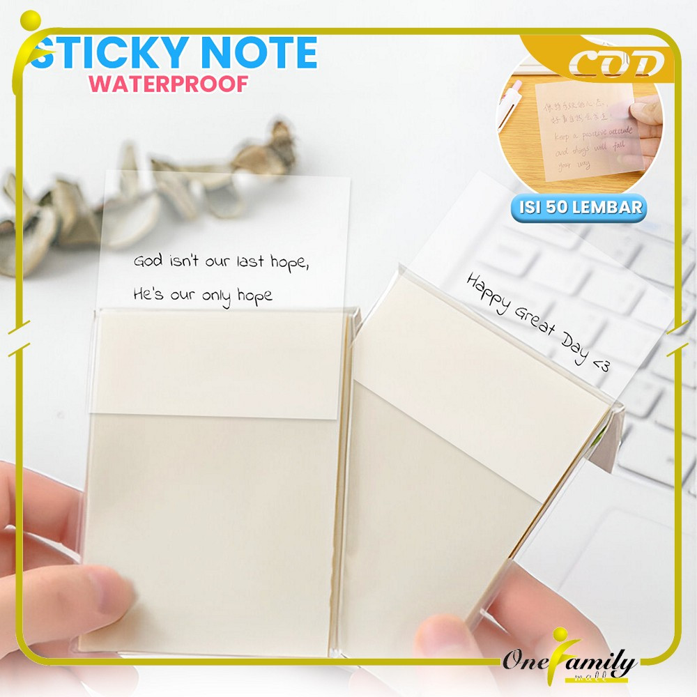 

EC ONE-A87 Sticky Note Transparan Isi 50 Lembar Uk 76X76 Waterproof Serbaguna Untuk Kantor Sekolah / Kertas Memo Tahan Air / Memo Kertas Tempel Anti Air / Label Stickers Catatan Bening
