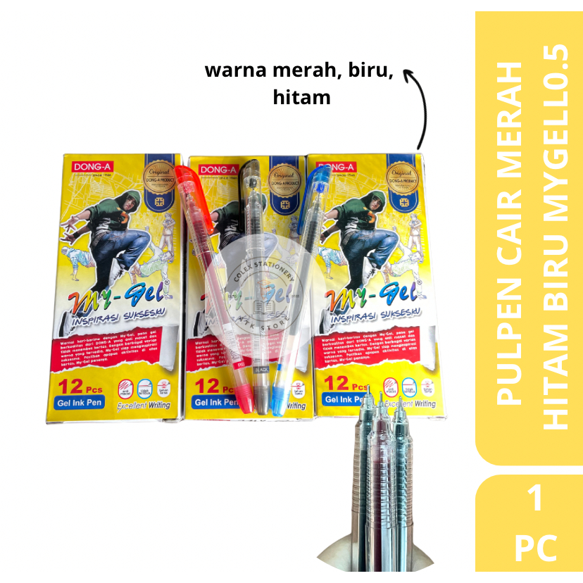 

[1 PC] Pulpen Mygel / Pulpen Gel / Pulpen Gel Cair Warna Hitam, Biru dan Merah Dong-A 0,55mm