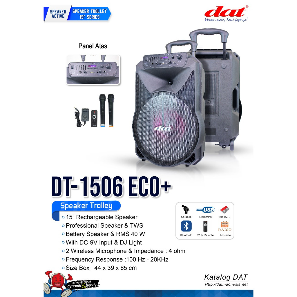 Speaker Portable Wireless DAT DT1506 ECO+ 15 Inc Free 2 Mic Wireless