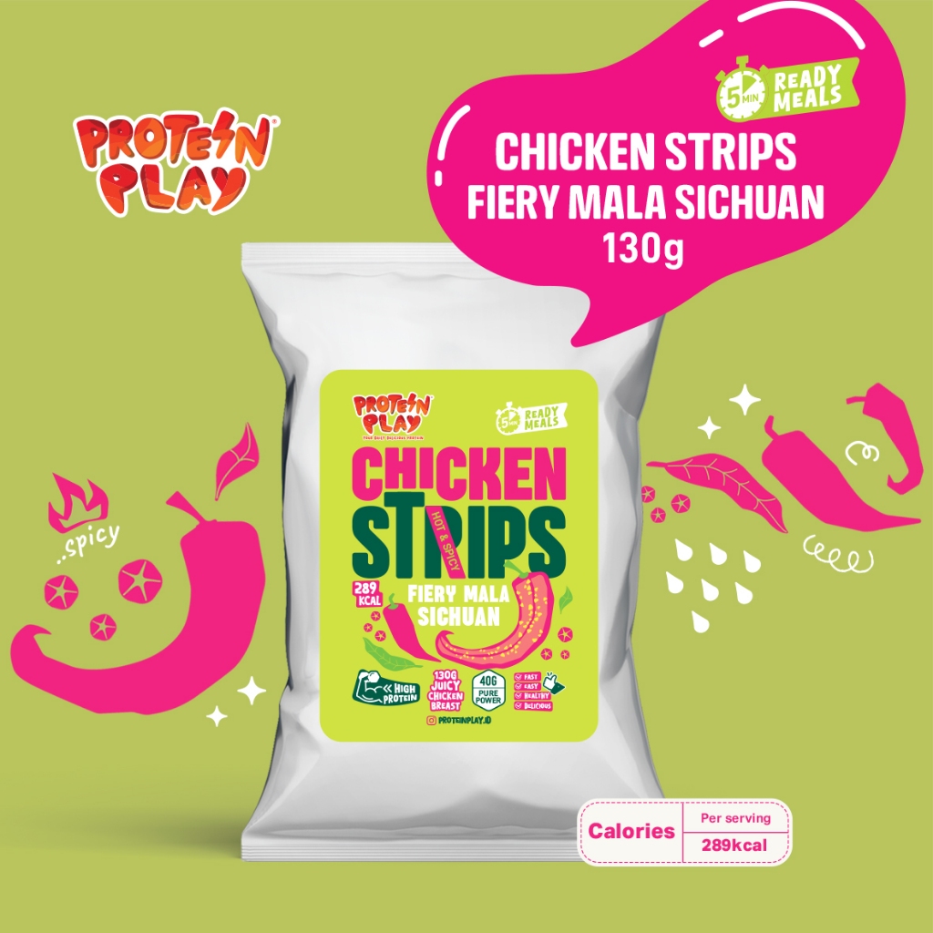

Protein Play Fiery Mala Sichuan Chicken strips | Dada Ayam 130gr Juicy Chicken strips | Frozen Food Ready Meals | 40gr Protein | 314 Calories
