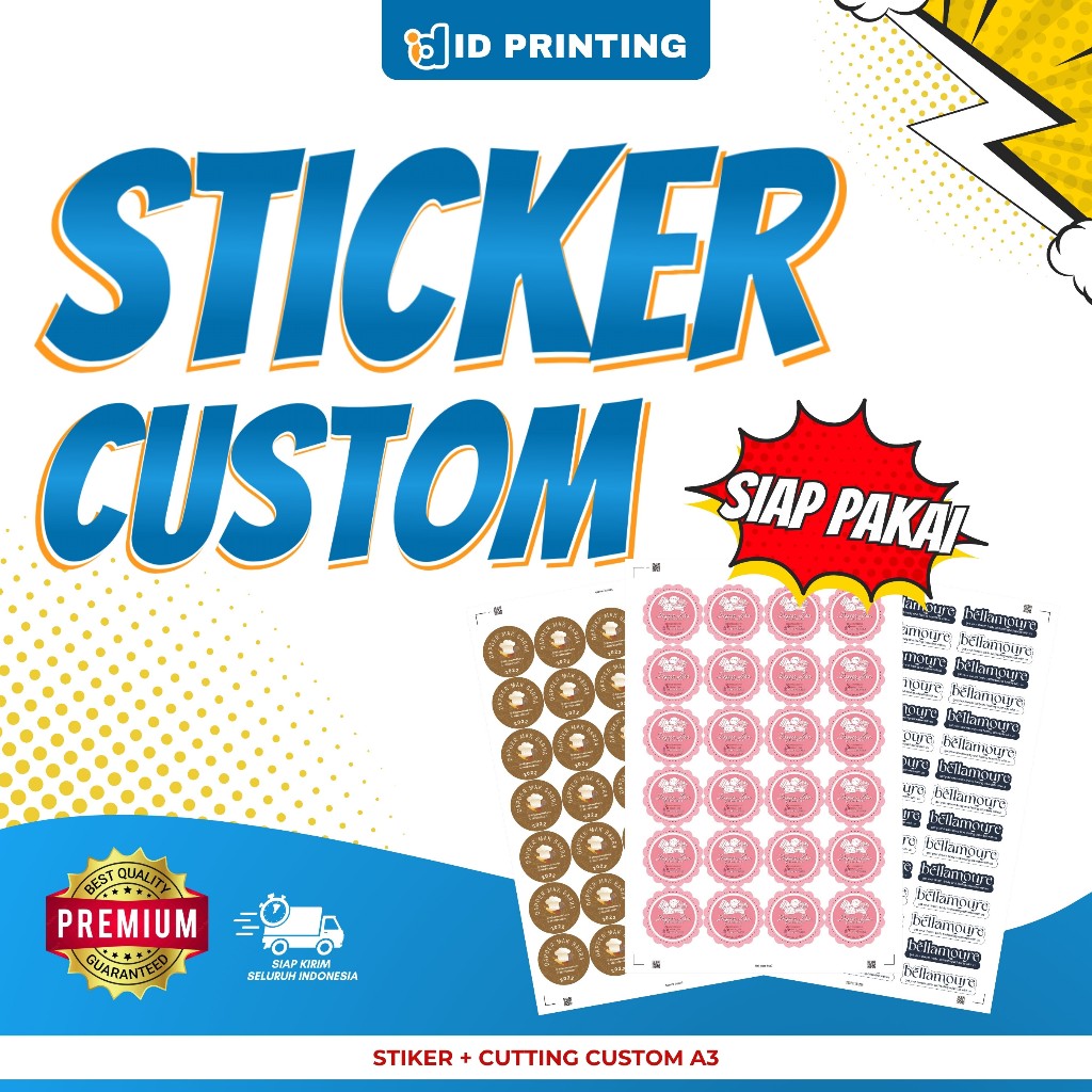 

Cetak Stiker Label Kemasan A3 + Cutting (Kotak, Bulat, Oval, Custom)