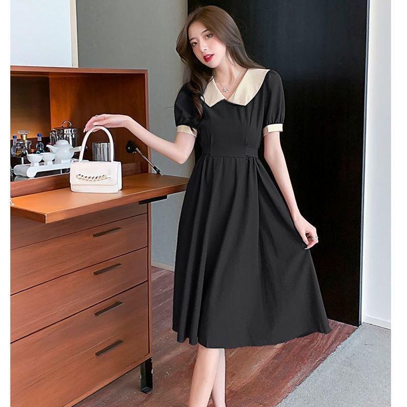 black dress hitam elegant midi dress lengan pendek korean style princess dress santai wanita casual