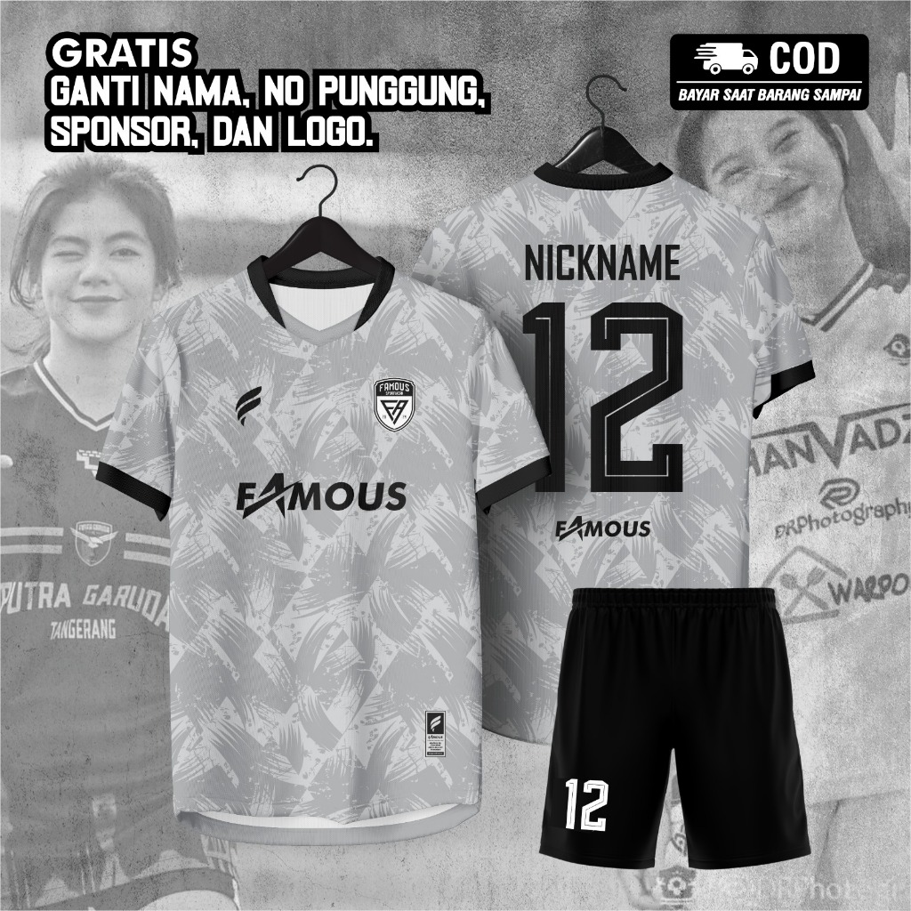 JERSEY BOLA FUTSAL CUSTOM SATUAN SETELAN NAMA NOMER PUNGGUNG LOGO DAN SPONSOR WARNA ABU ABU DAN JERS