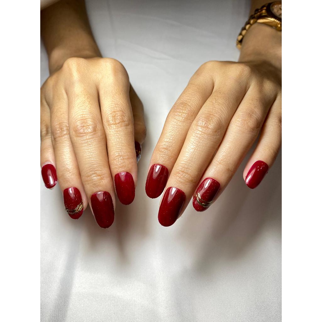 Maroon Motif Berlian Glitter Gold Mewah Elegan Press On Nail | Fake Nails | Kuku Palsu | Pretty D041