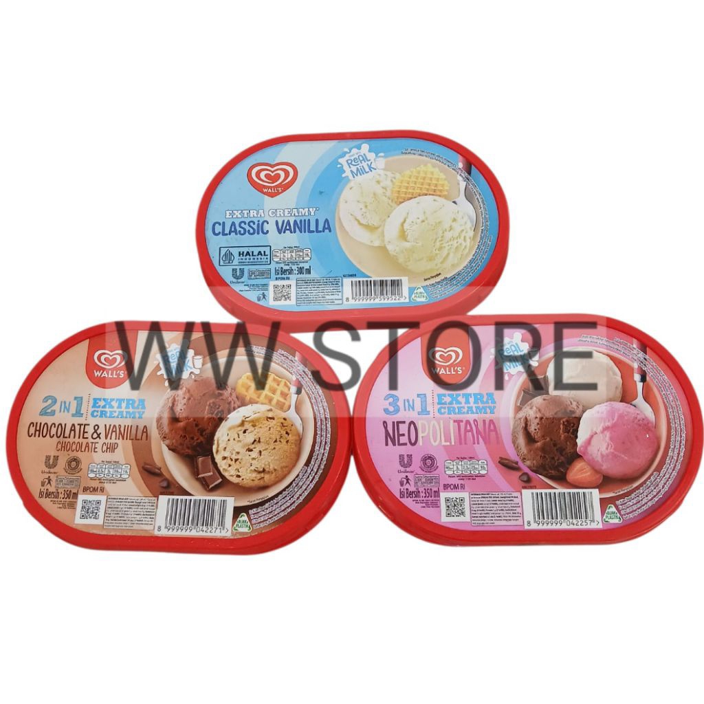 

Es krim rasa coklat cokelat vanila dan buah stroberi halal MUI WALL'S WALLS WALL EXTRA CREAMY CLASSIC VANILLA 300ml / 2IN1 CHOCOLATE CHIP / 3IN1 NEOPOLITANA 350ml