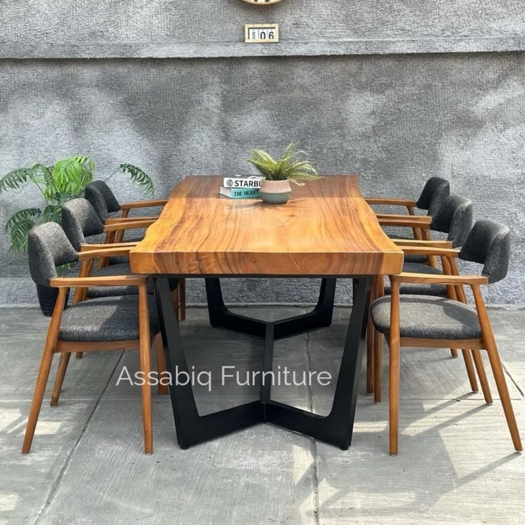 Meja makan set kursi 6 kaki besi , meja makan trembesi kaki besi - meja makan minimalis 6 kursi trem