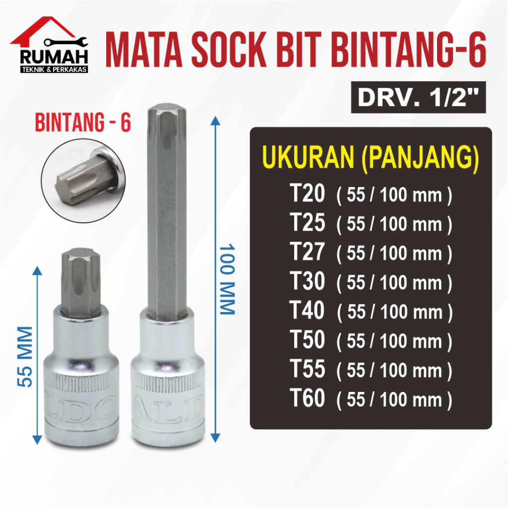 MATA SOCK BIT 1/2" BINTANG 6 (T20 T25 T27 T30 T40 T50 T55 T60) / MATA KUNCI SOCK SHOCK SOK BINTANG 6