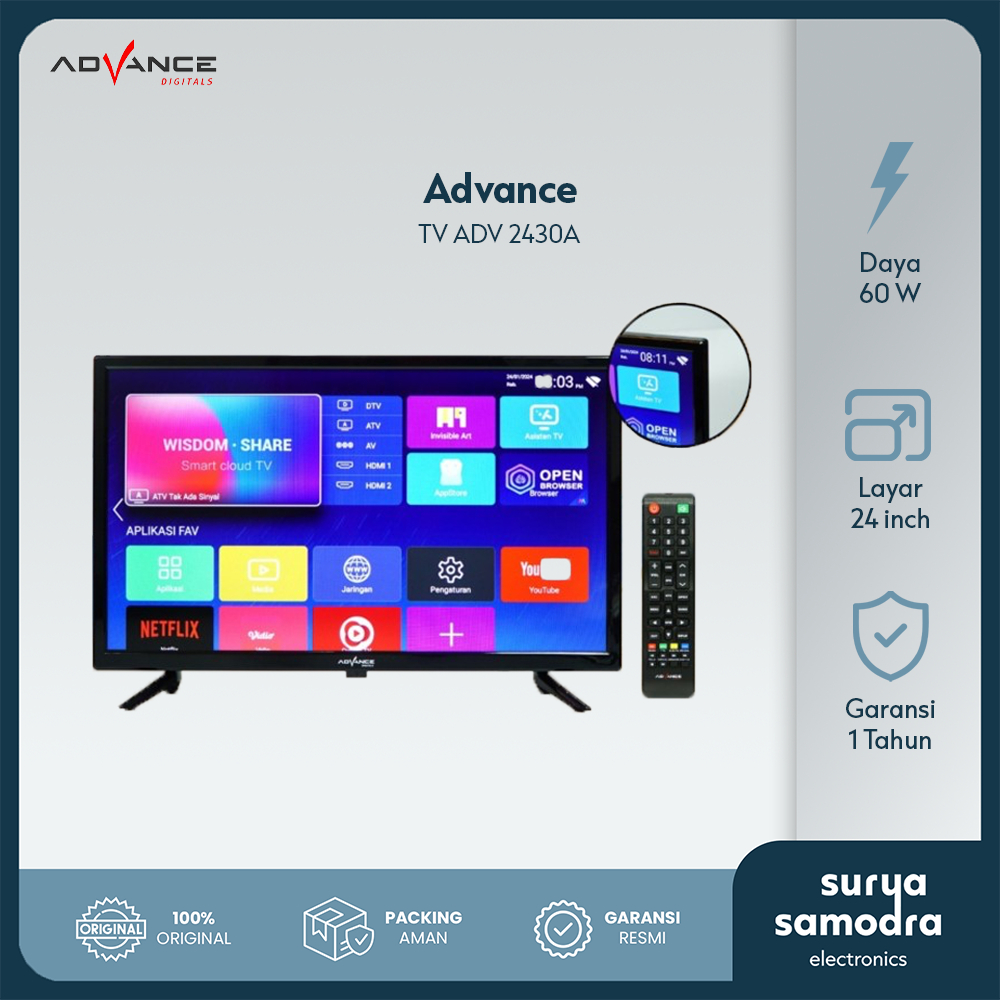 ADVANCE ADV-2430A Smart Televisi Android TV LED 24 inch HD Support Siaran Digital DV3 T2/C Garansi R