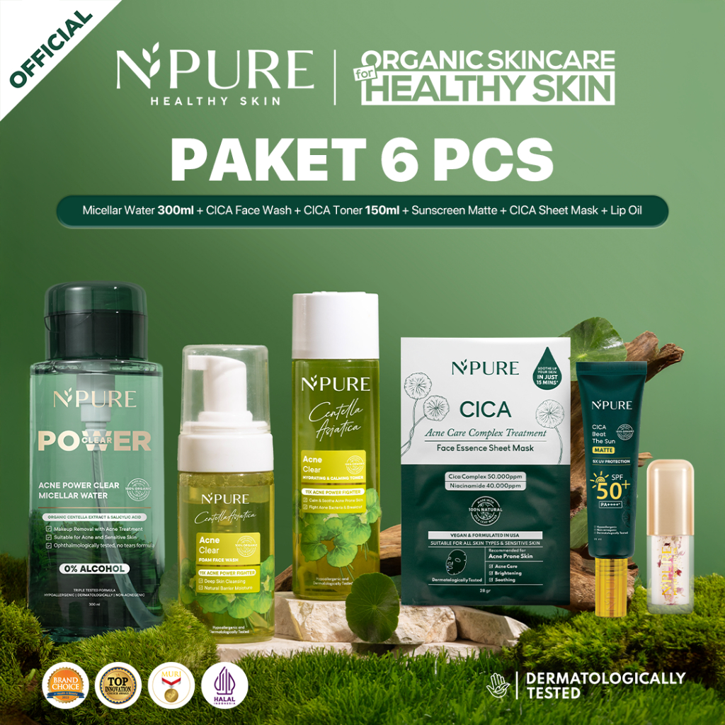 BUNDLE 6PCS - NPURE Micellar Water 300ml + Cica Facial Wash 100ml + Cica Toner 150ml + Cica Sheet Ma