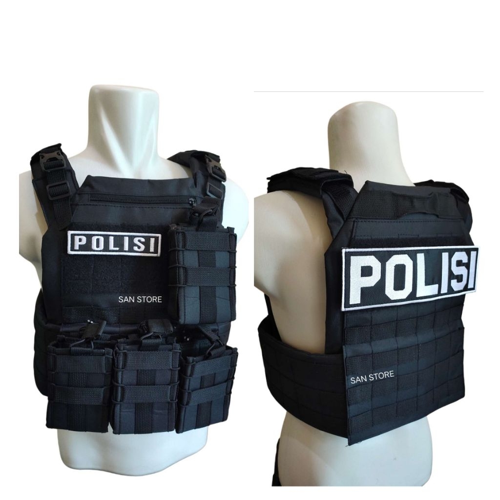 ROMPI ANTI ANGIN/BODY VEST POLISI TULISAN PUTIH LENGKAP HITAM