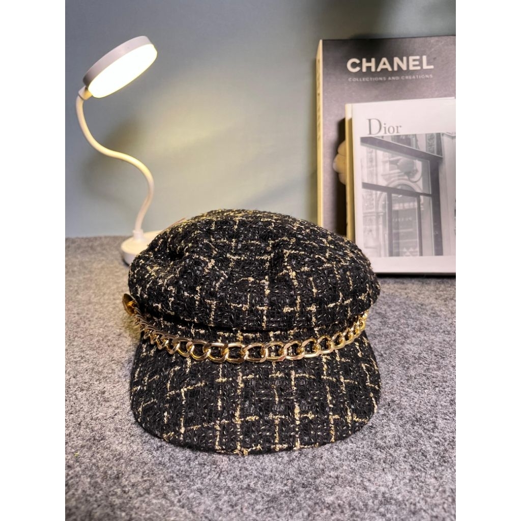 Topi Baret wanita Rantai Oktagonal Bling Oktagonal Retro TP-OktaChain Hitam