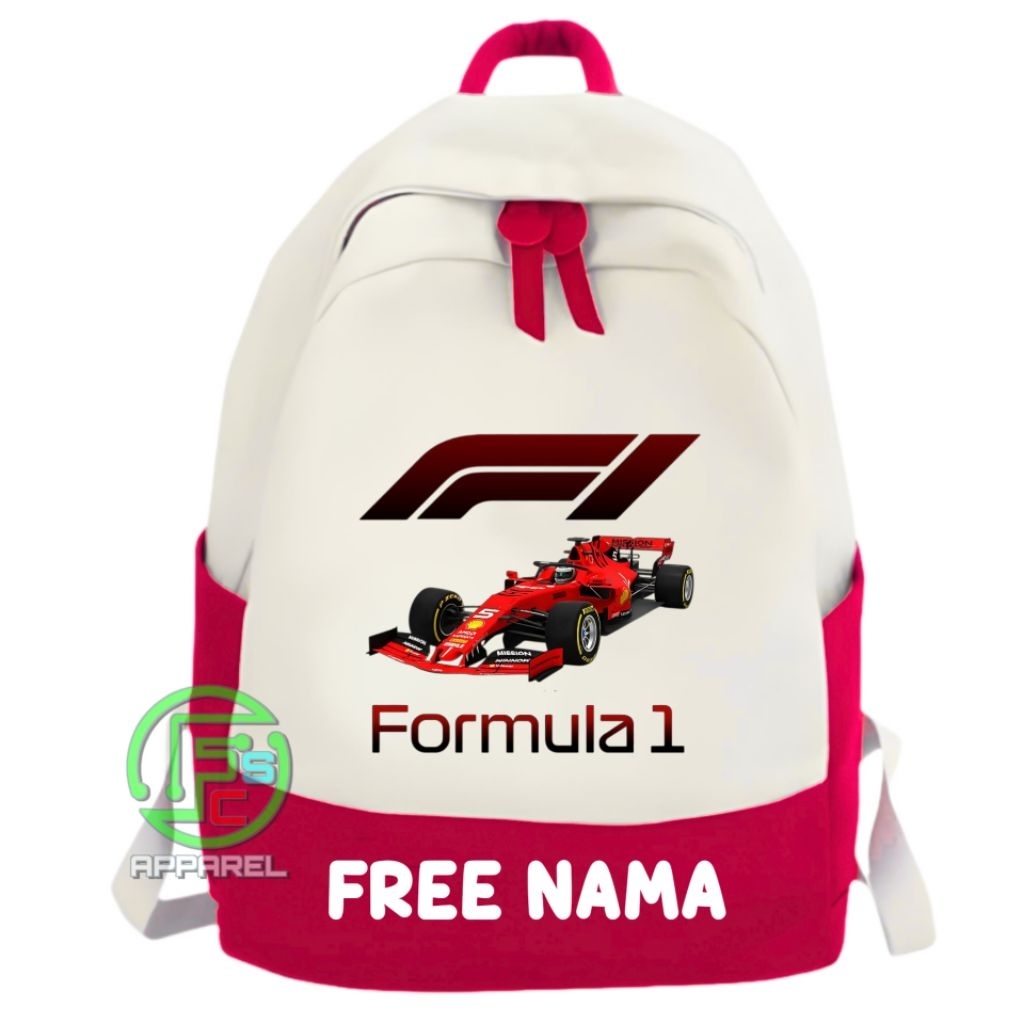 Tas ransel anak laki laki dan perempuan motif sablon gambar mobil fi formula 1 untuk usia 4 sampai 1
