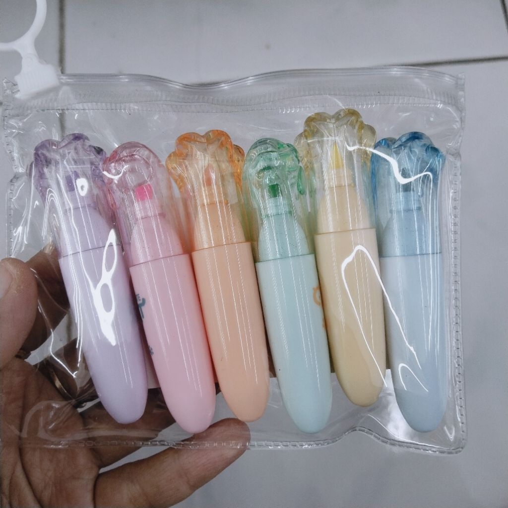 

[COD] 1 set Stabilo / Highlighter warna pastel Lucu isi 6 pcs model wortel / es krim / paw