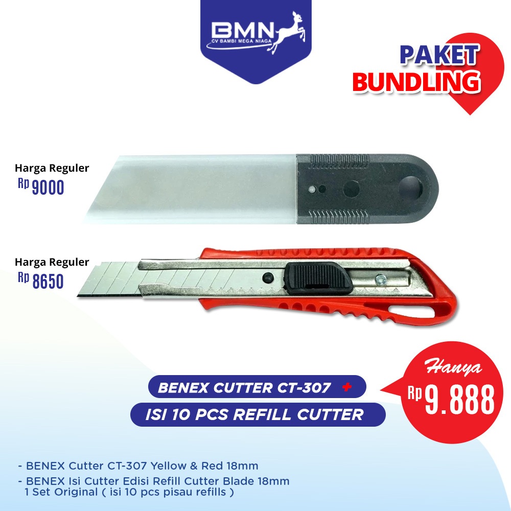 

BUNDLE BENEX Cutter CT-307 Yellow / Red 18mm Sangat Tajam + BENEX Isi Cutter Edisi Refill Cutter Blade 18mm 1 Set Original