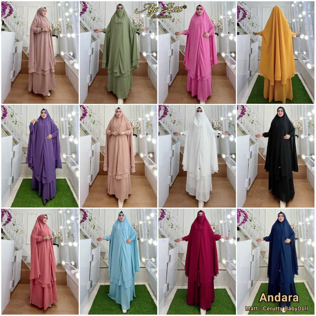 Gamis Jubah Syar'i Jumbo Set Khimar Hijab Polos Free Cadar  Bahan Ceruty Kode-ANDARA Matt Ceruti Bab