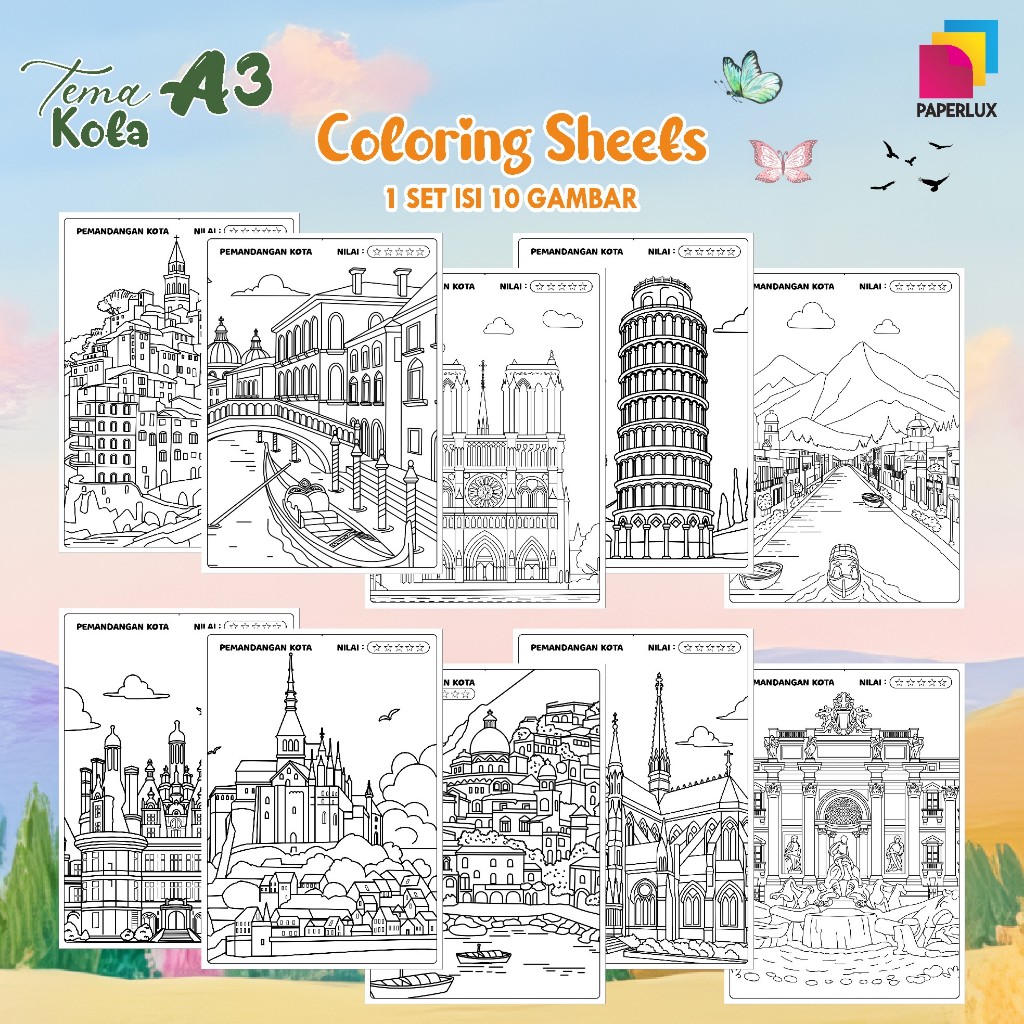

KERTAS GAMBAR MEWARNAI TEMA KOTA - LEMBAR COLORING SHEETS FOR KIDS ISI 10 LEMBAR [A3] READY