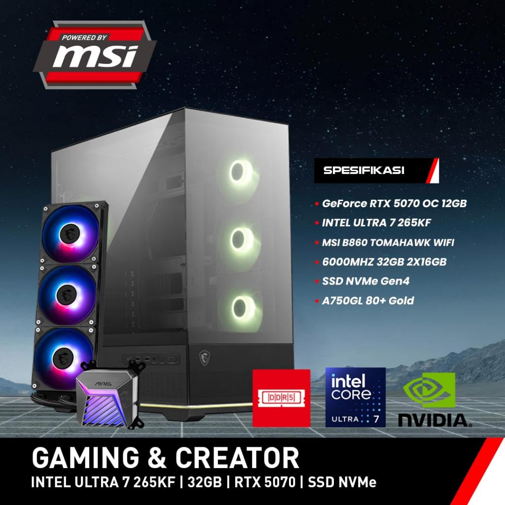 PC Rakitan MSI - GAMING & CREATOR D5 3X PANO | Intel Core Ultra 7 265KF | DDR5 32GB | RTX 5070 12GB 