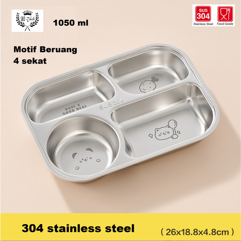 Piring makan anak Tray makan 304 stainless steel 3 sekat / 4 sekat  karakter kartun