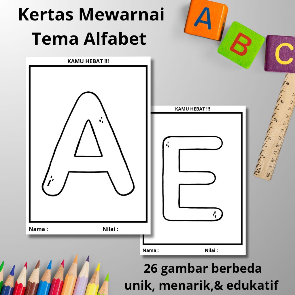 

Kertas Mewarnai Anak Tema Alfabet 26 Lembar Berbeda Ukuran A4 & A5 Terbaik