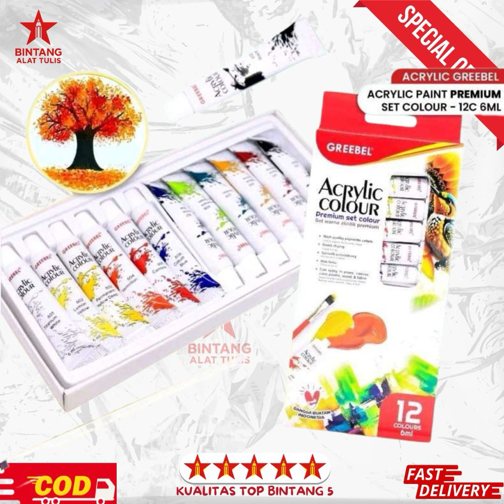 

Cat Akrilik GREEBEL Acrylic Paint 12 Warna x 6ml Non Toxic | Set Cat Lukis Warna Cerah untuk Kanvas