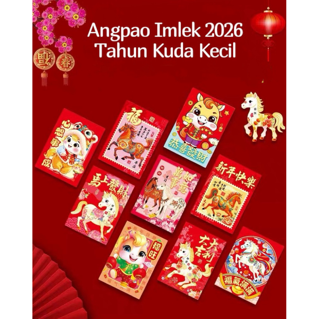 

Angpao angpau hongpao imlek fuk hoki motif tahun kuda 2026 ukuran kecil