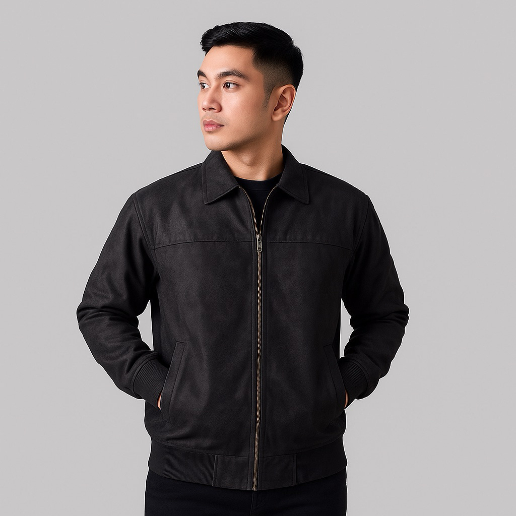 Jaket Bomber Suede Premium Hitam Kerah Kemeja Vintage