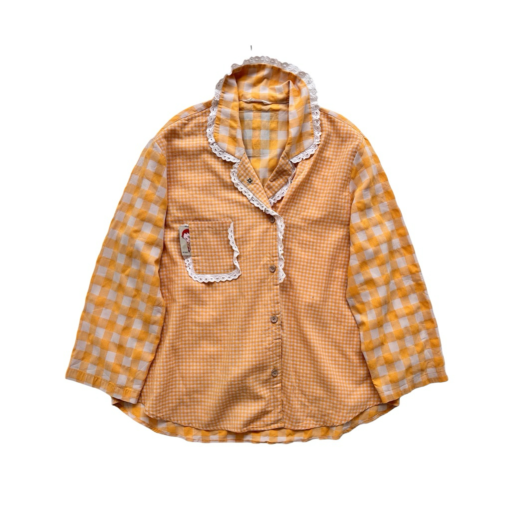 ULLALA cute milkmaid yellow gingham lace sailor neck buttoned ˖˚⊹ long sleeve vintage rare blouse po