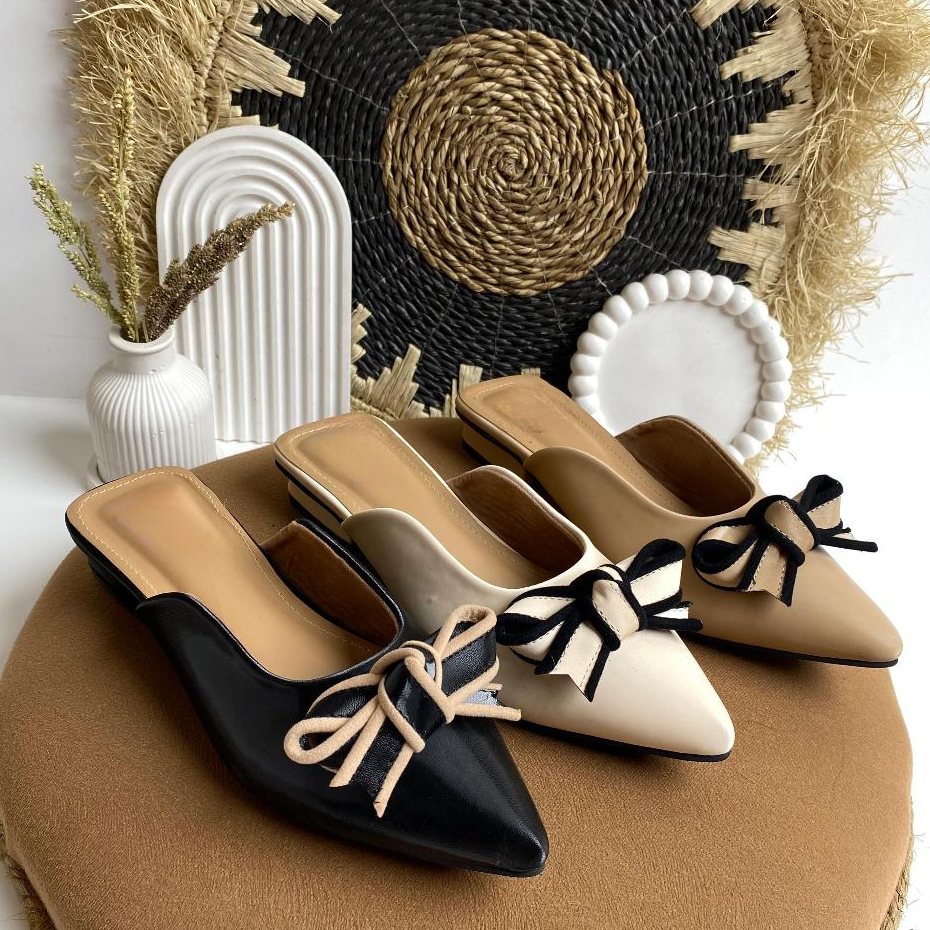 Sandal Flat Mules Wanita Kekinian Flatshoes Pita Elegan Slip On Hak Tahu 3 cm
