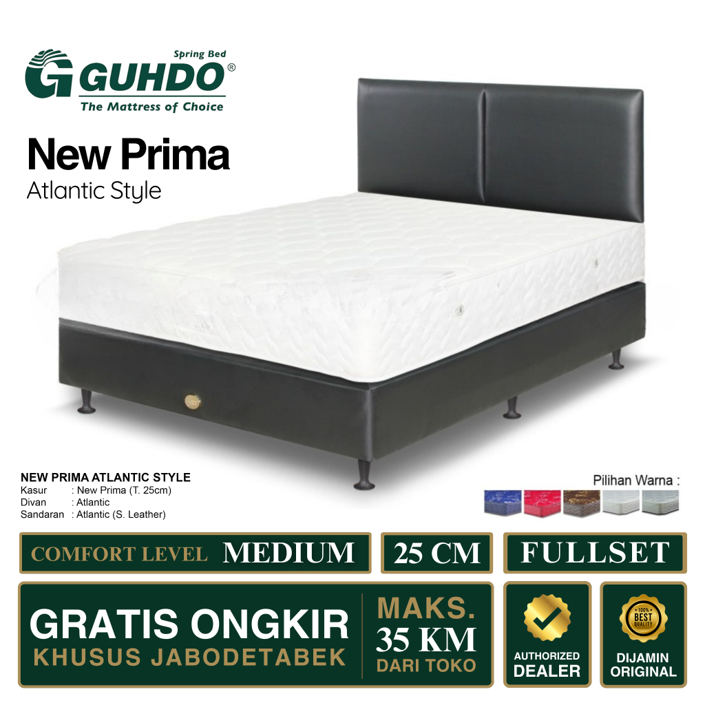 Kasur Springbed Fullset Guhdo New Prima T25 Atlantik Putih Merah Biru Coklat Abu-abu 90x200 100x200 