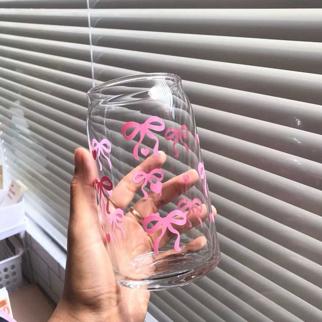 Gelas Kaca Coqquette Pita Pink | Gelas Kaca Korean Look | Gelas Kaca Dilengkapi Penutup & Sedotan