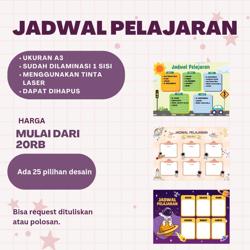 

Poster Jadwal Pelajaran Lucu – Bisa Custom Nama & Mata Pelajaran / Kosong, 25 Desain – Cetak A3 Laminasi