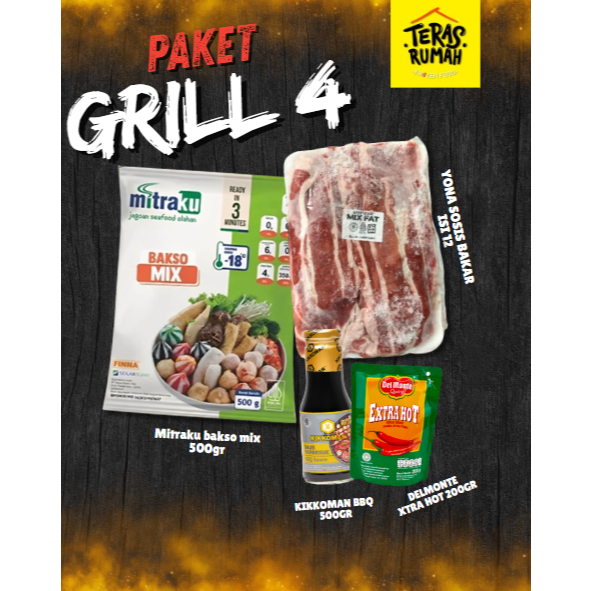 

PAKET BBQ 4 GRILL BEBAKARAN : MITRAKU BAKSO MIX, BEEF SLICE MIX FAT, KIKKOMAN SAUS BBQ, DELMONTE XTRA HOT 200GR