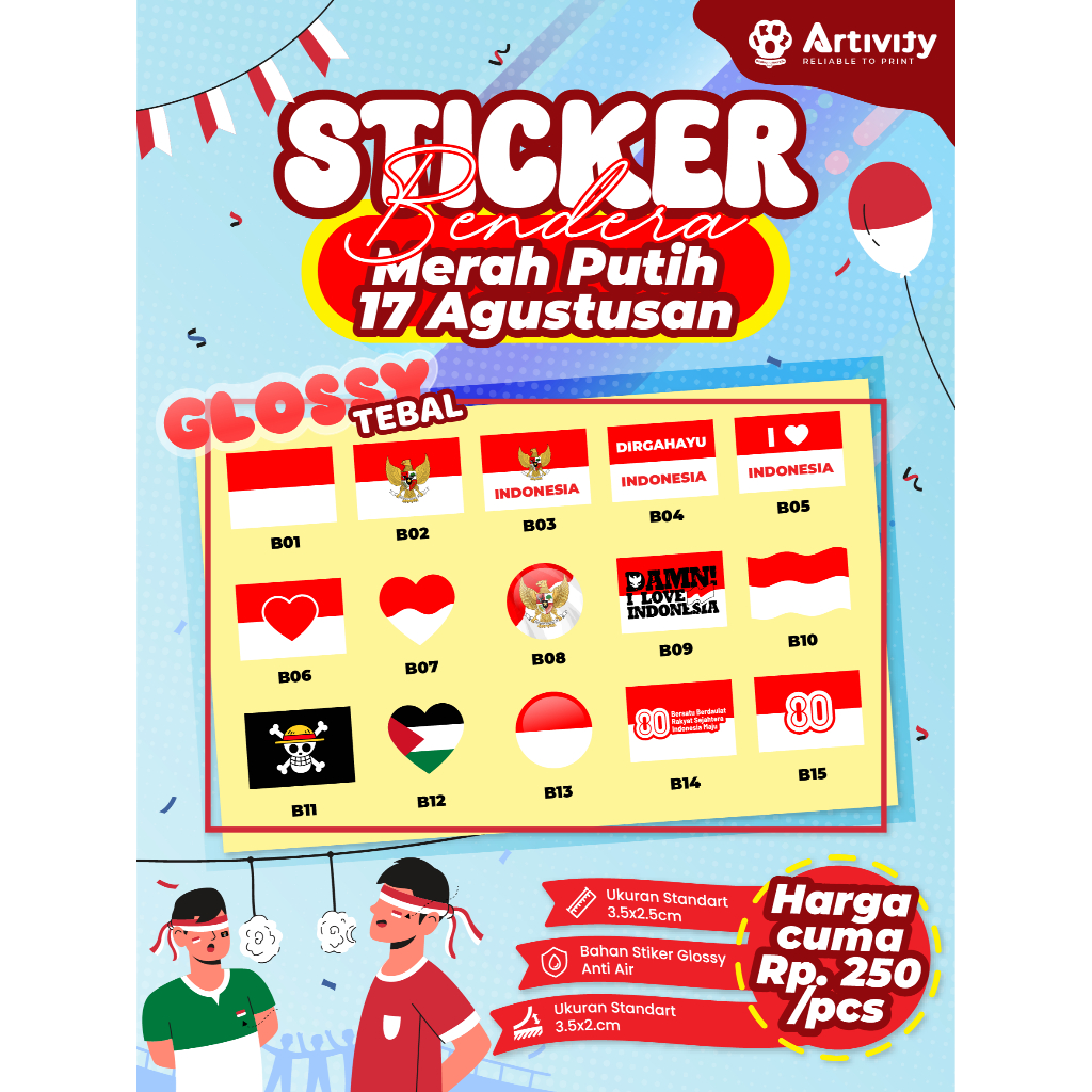 

STIKER BENDERA MERAH PUTIH HUT RI 79 STIKER PIPI isi 1pcs minimal order 10pcs per varian