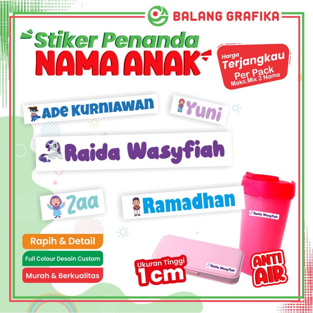 

Stiker Nama Custom Label Penanda Buku ATK Waterproof Ukuran Tinggi 1 cm