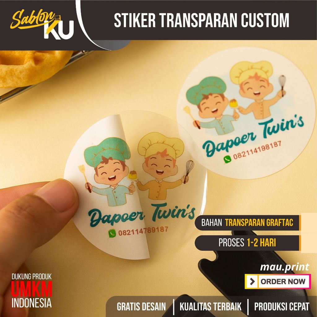 

CETAK PRINT STIKER STICKER CUSTOM DESAIN BULAT BAHAN TRANSPARAN BENING ANTI AIR OLSHOP MAKANAN MINUMAN KUE MURAH