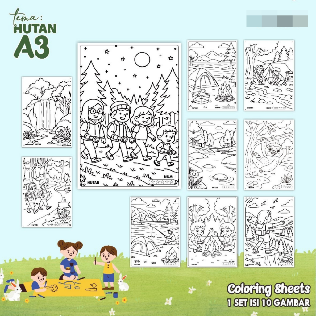 

KERTAS GAMBAR MEWARNAI TEMA HUTAN - LEMBAR COLORING SHEETS FOR KIDS ISI 10 LEMBAR [A3] READY