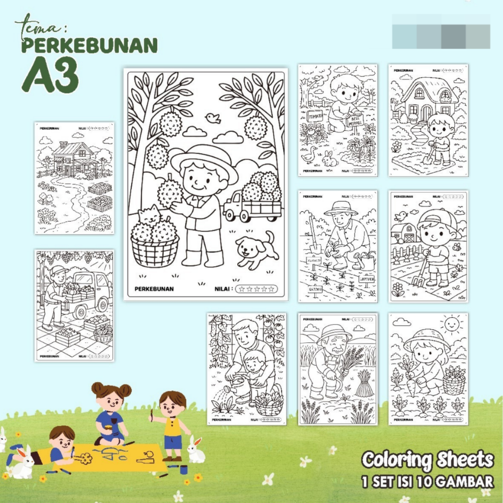 

KERTAS GAMBAR MEWARNAI TEMA PERKEBUNAN - LEMBAR COLORING SHEETS FOR KIDS ISI 10 LEMBAR [A3] READY